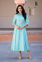 Green Striped Cotton Midi Dress