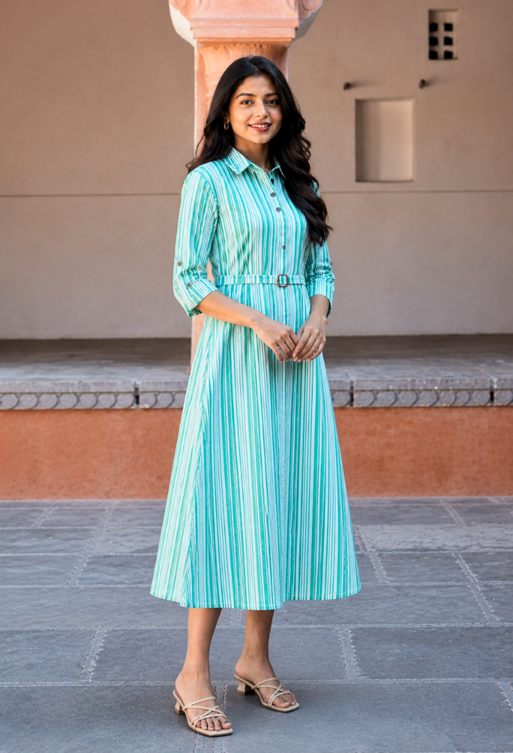 Green Striped Cotton Midi Dress