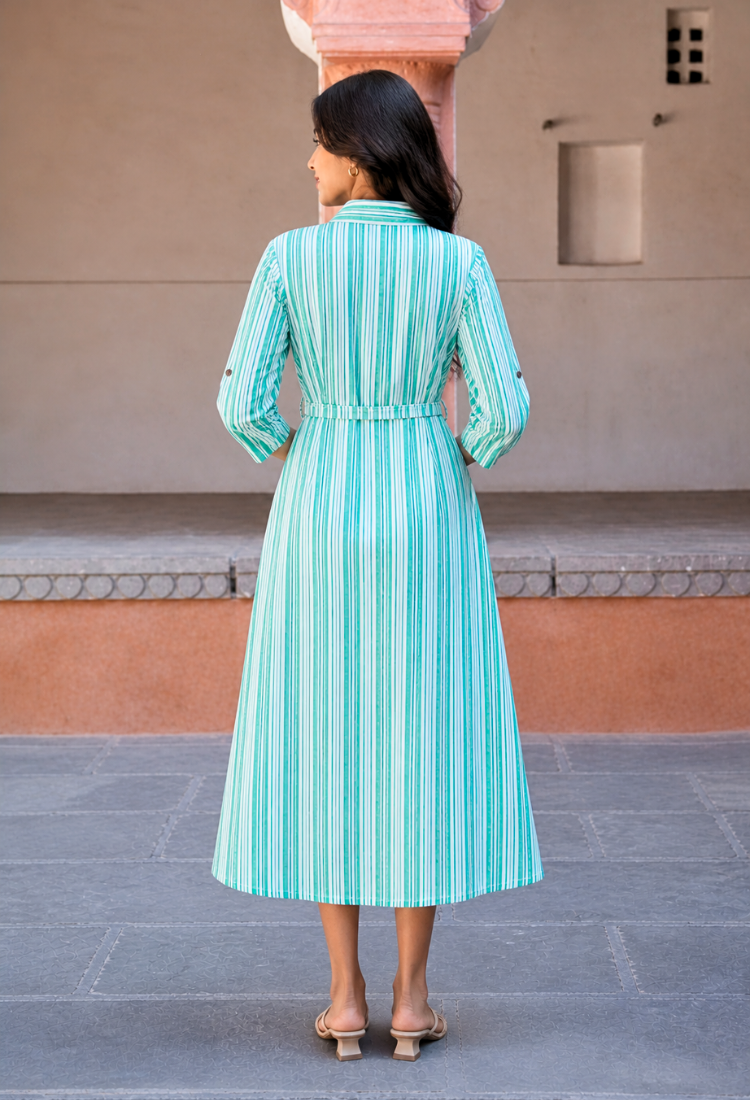 Green Striped Cotton Midi Dress