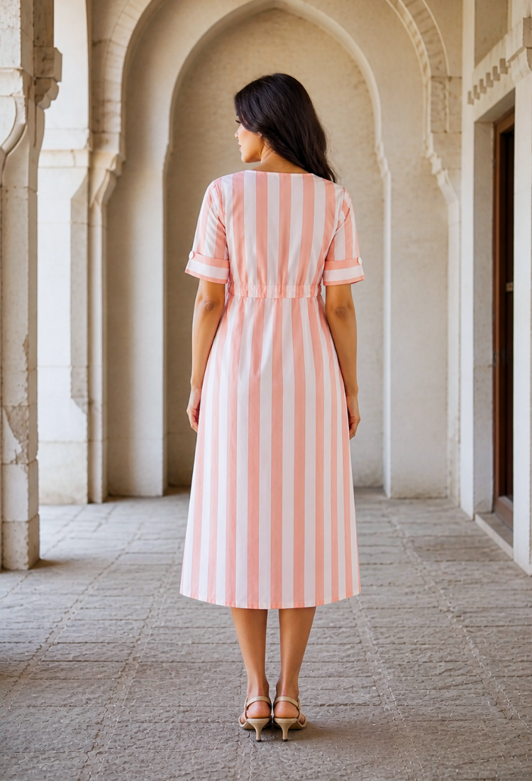 Peach Striped Cotton Midi Dress with Waist Tie-Up