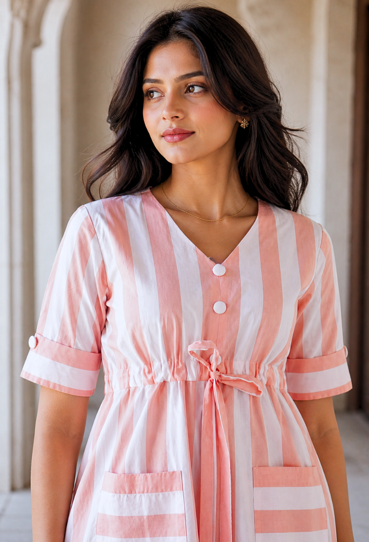 Peach Striped Cotton Midi Dress with Waist Tie-Up