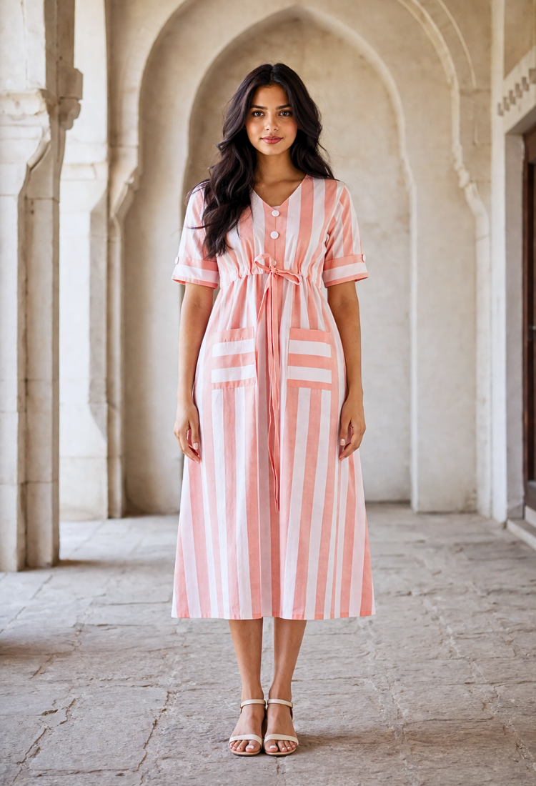 Peach Striped Cotton Midi Dress with Waist Tie-Up