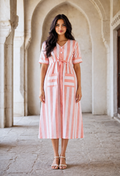 Peach Striped Cotton Midi Dress with Waist Tie-Up