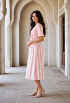 Peach Striped Cotton Midi Dress with Waist Tie-Up