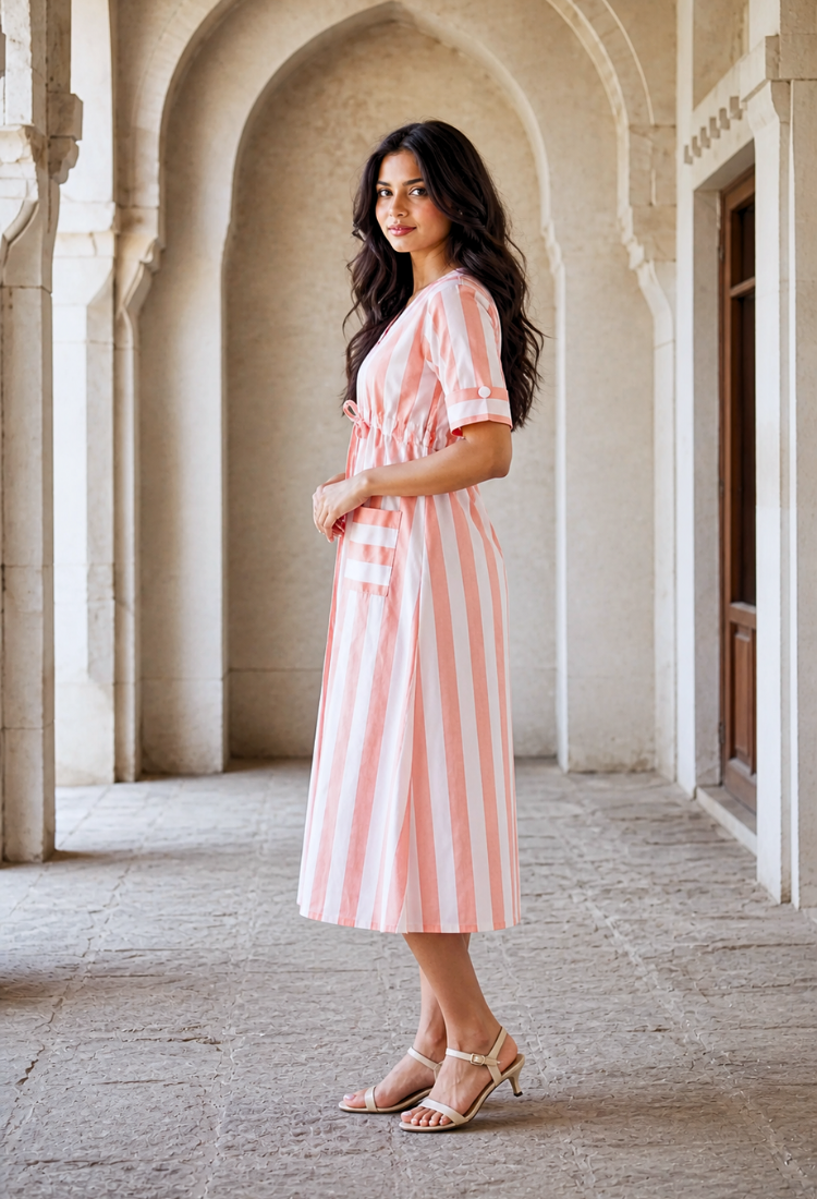 Peach Striped Cotton Midi Dress with Waist Tie-Up