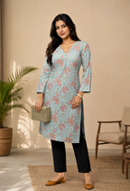 Aqua Blue Floral Printed Straight Kurti