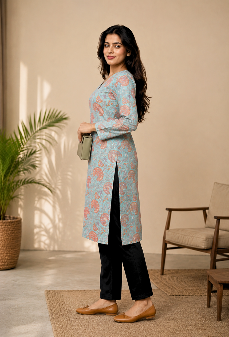 Aqua Blue Floral Printed Straight Kurti