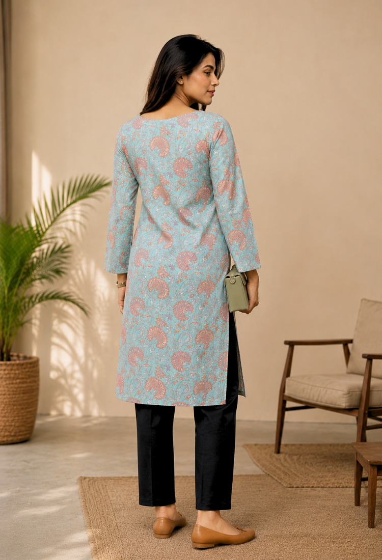 Aqua Blue Floral Printed Straight Kurti