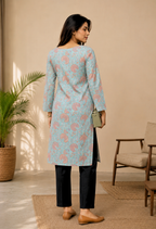 Aqua Blue Floral Printed Straight Kurti