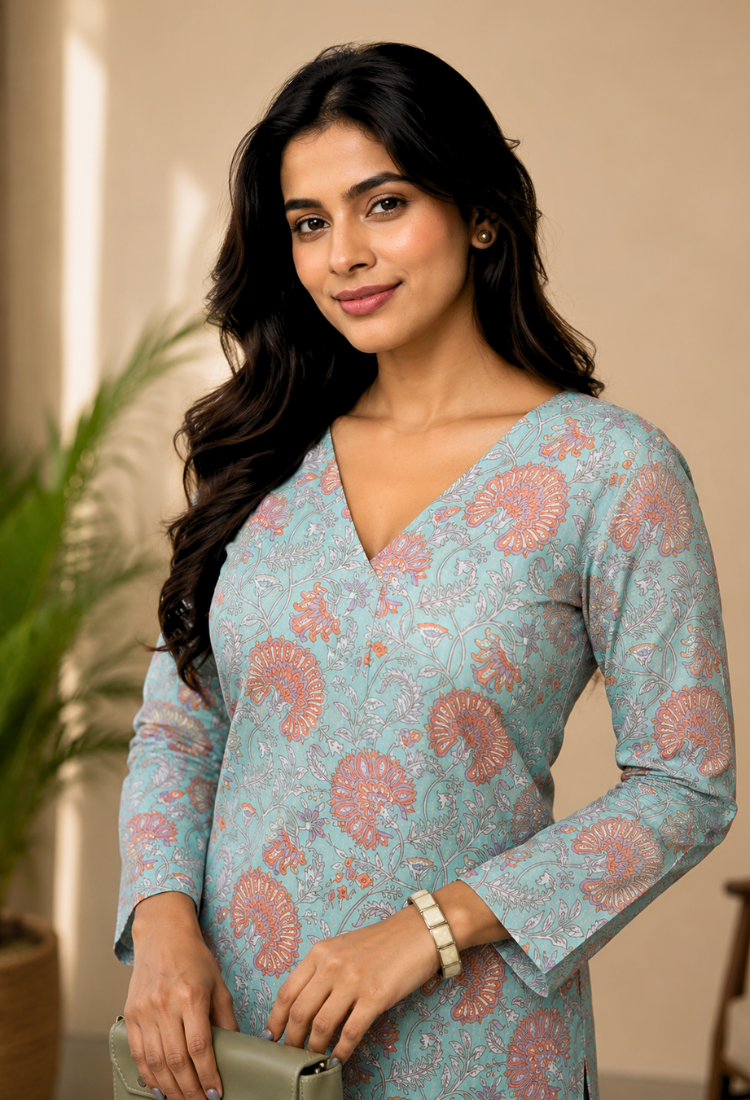 Aqua Blue Floral Printed Straight Kurti