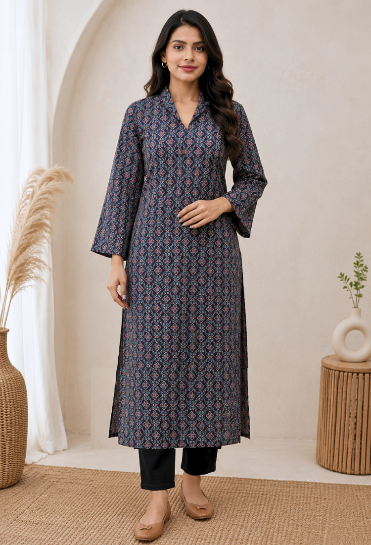 Blue collared navy blue cotton printed long kurta
