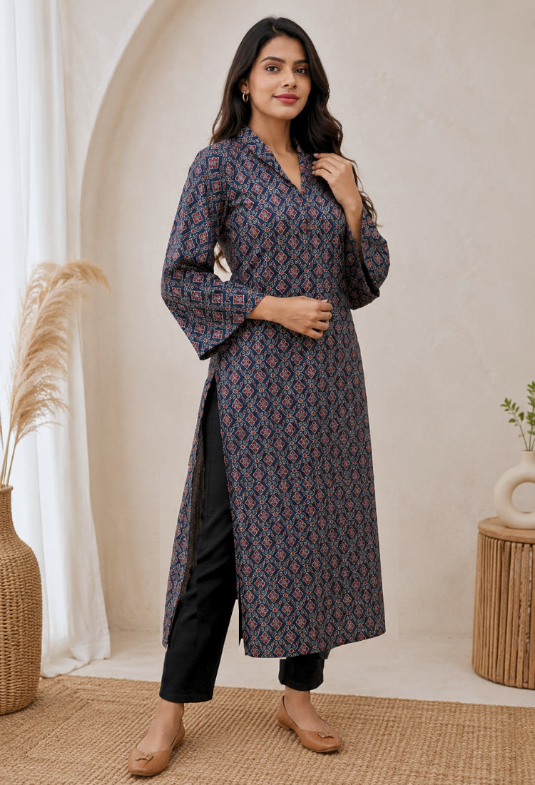 Blue collared navy blue cotton printed long kurta