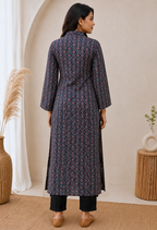 Blue collared navy blue cotton printed long kurta