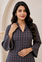 Blue collared navy blue cotton printed long kurta