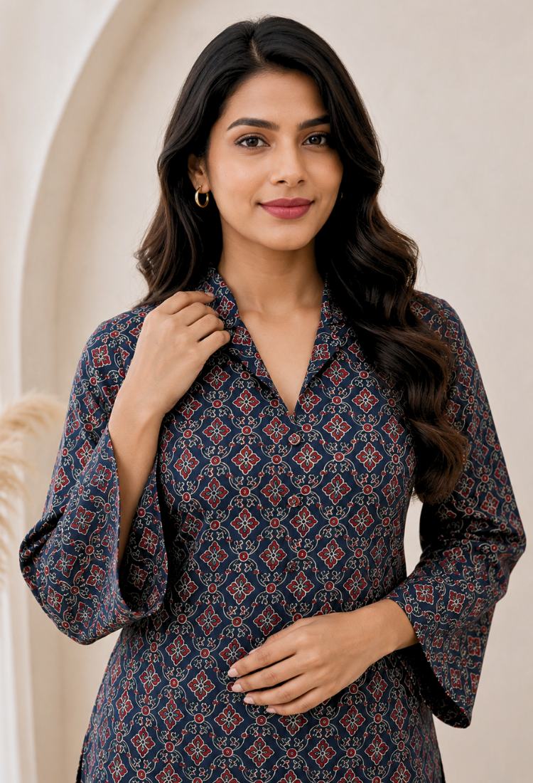 Blue collared navy blue cotton printed long kurta