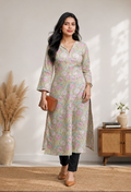 Dust brown Floral Printed Straight Kurti