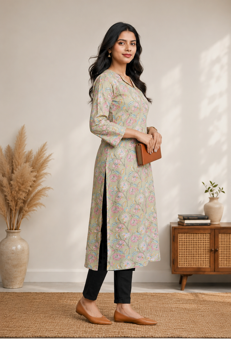 Dust brown Floral Printed Straight Kurti