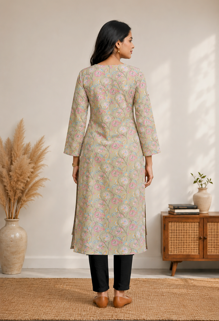 Dust brown Floral Printed Straight Kurti