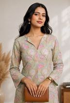 Dust brown Floral Printed Straight Kurti