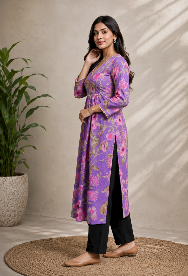 Women’s Purple Floral Printed A-Line Kurti