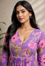 Women’s Purple Floral Printed A-Line Kurti