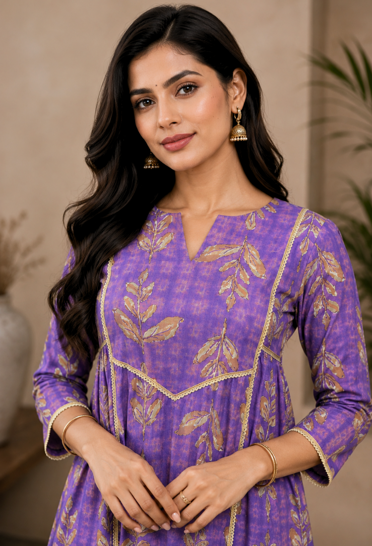 avAraNIya® Purple Floral Printed A-Line Kurti for Women