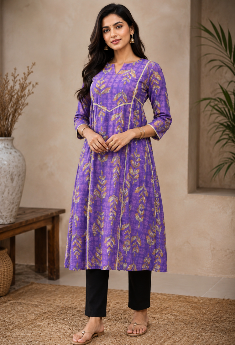 avAraNIya® Purple Floral Printed A-Line Kurti for Women