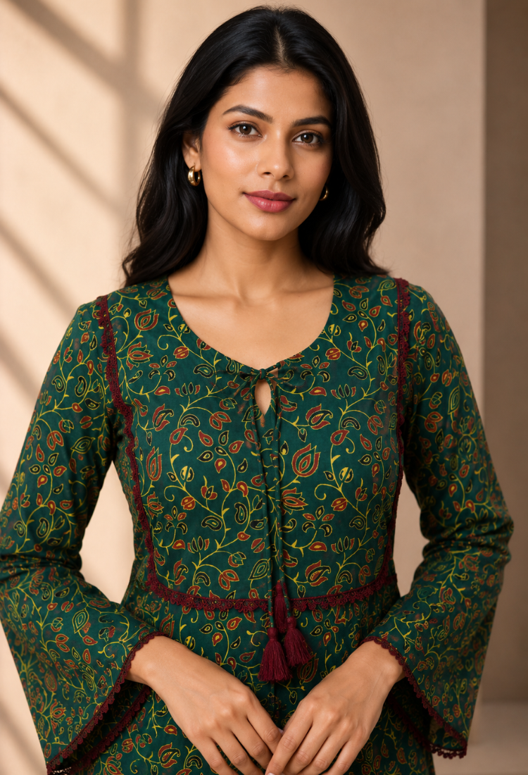 Green Ethnic Floral Printed Kurti