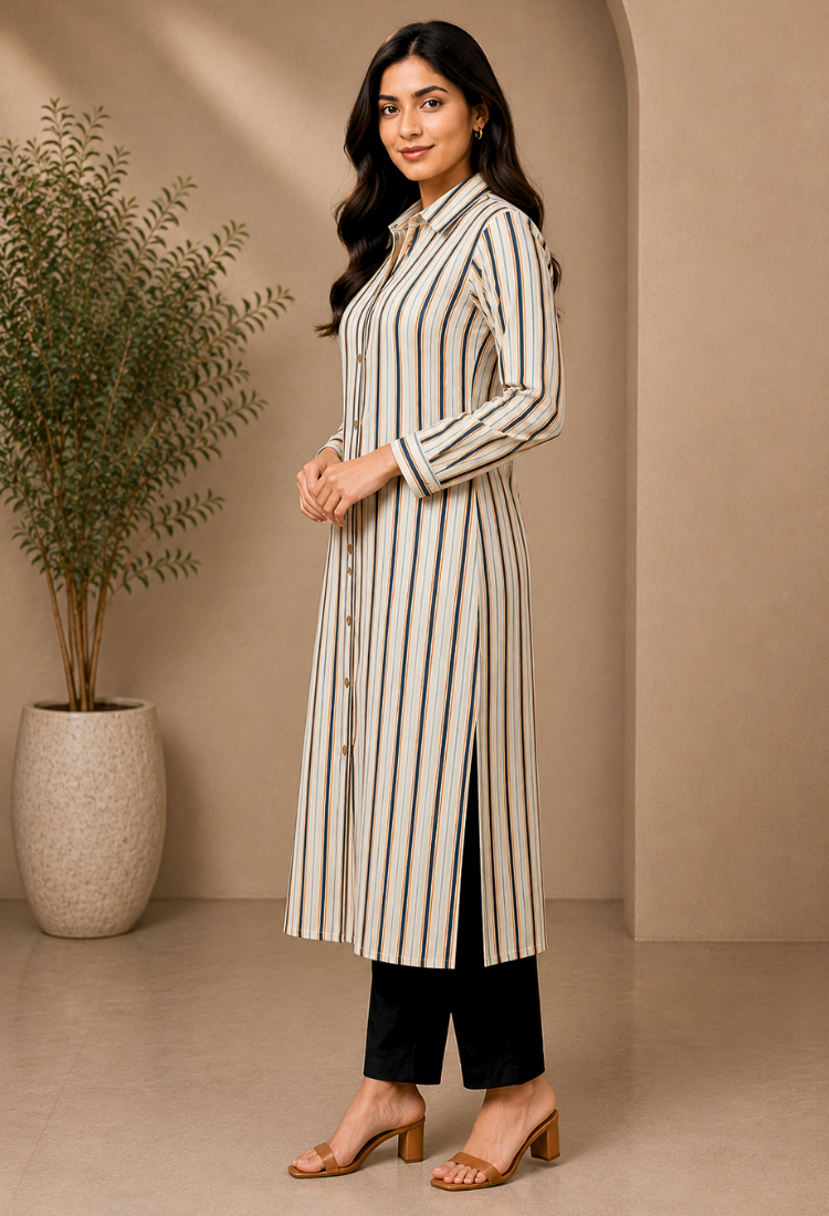 Multicolor Striped Button-Down Long Kurta