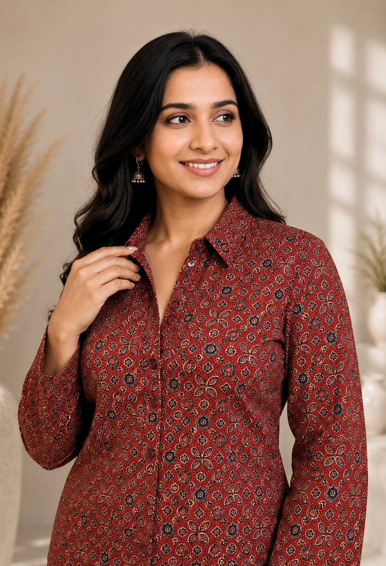 avAraNIya® Pure Cotton Ajrakh Co-ord Set (RED)