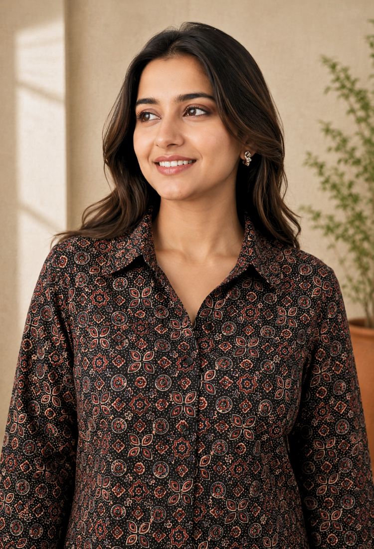 avAraNIya® Pure Cotton Ajrakh Co-ord Set (BLACK)
