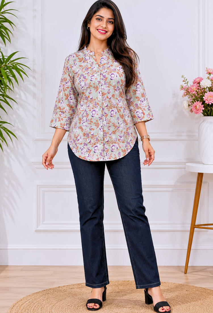 Floral Sage Green Cotton Shirt