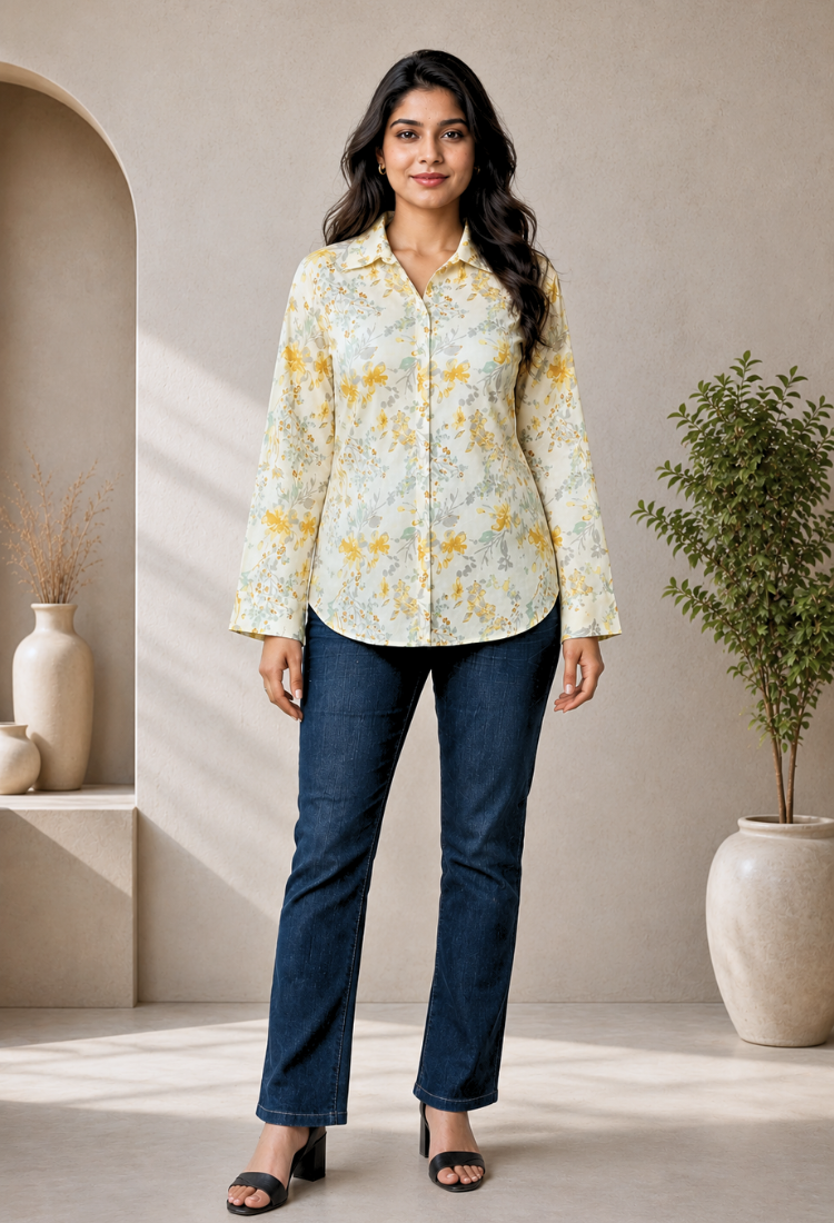 Cream Floral Linen-Cotton Casual Shirt