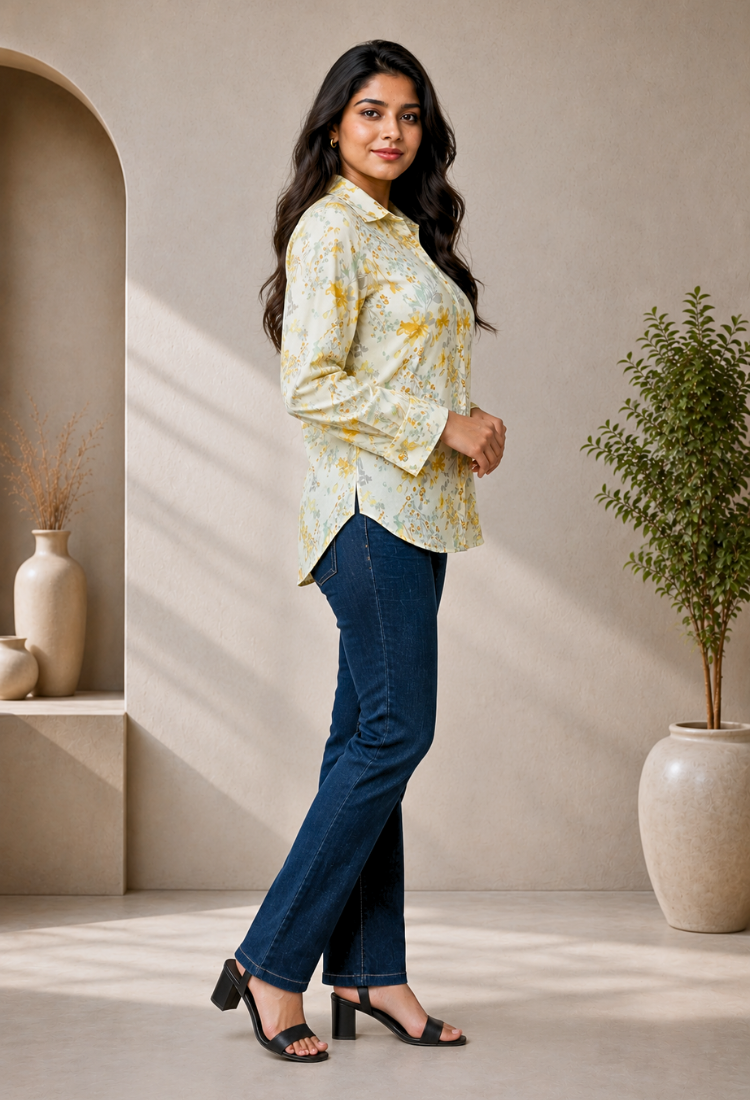 Cream Floral Linen-Cotton Casual Shirt