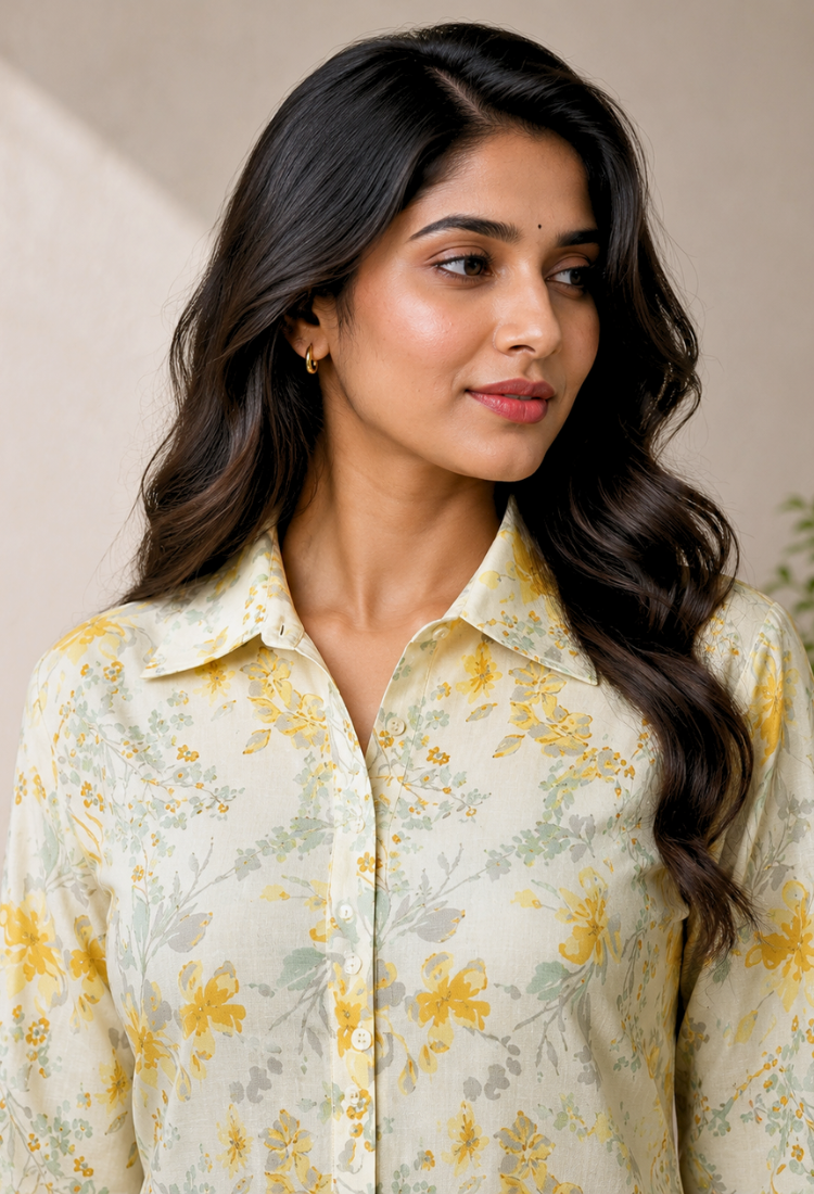 Cream Floral Linen-Cotton Casual Shirt