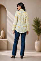 Cream Floral Linen-Cotton Casual Shirt