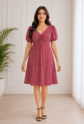 Wine Floral Printed Midi Dress for Women