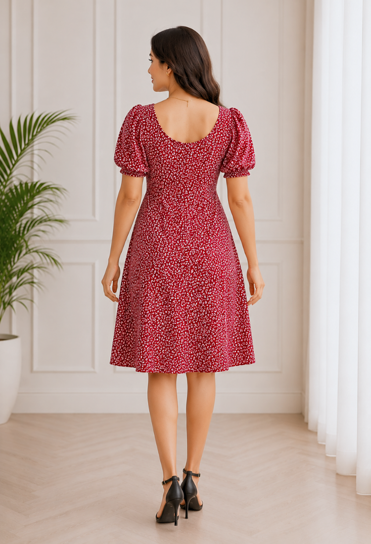 Wine Floral Printed Midi Dress for Women