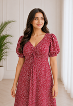 Wine Floral Printed Midi Dress for Women