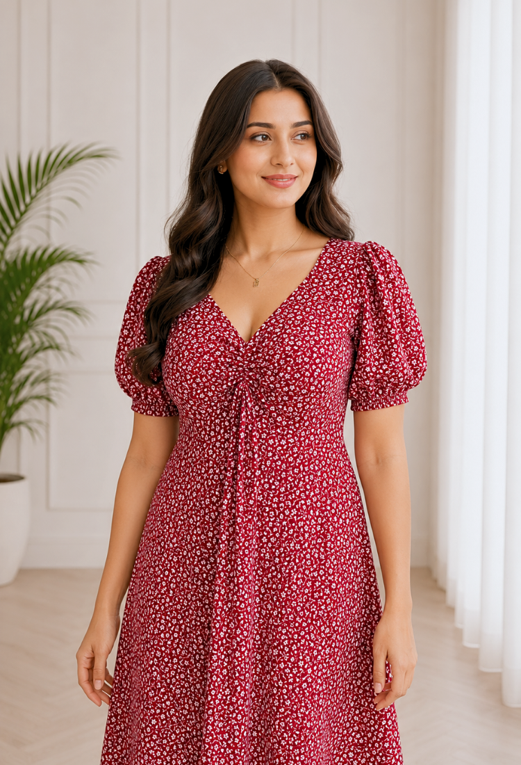 Wine Floral Printed Midi Dress for Women