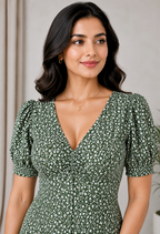 Wine Floral Printed Midi Dress for Women