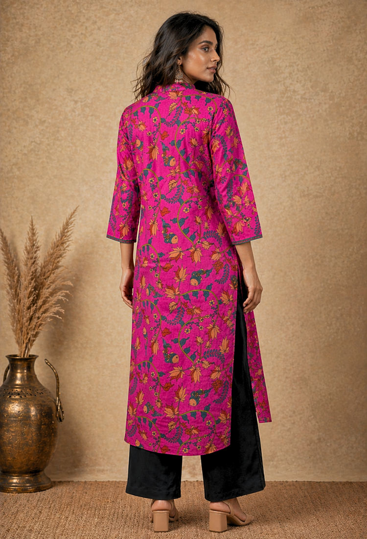 Pink Floral Printed Long Kurti for Women – Straight Fit Ethnic Wear
