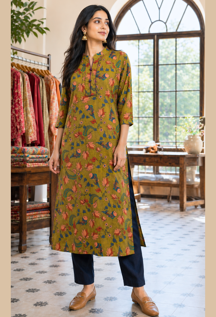 Pink Floral Printed Long Kurti for Women – Straight Fit Ethnic Wear