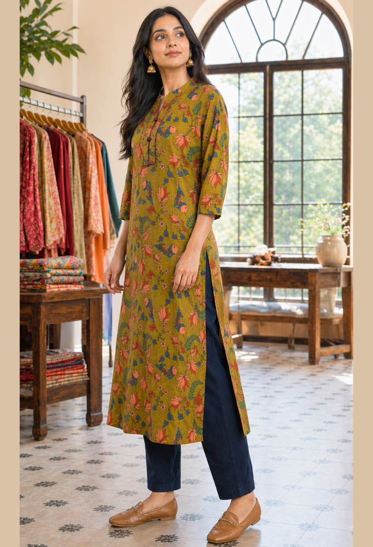 Pink Floral Printed Long Kurti for Women – Straight Fit Ethnic Wear