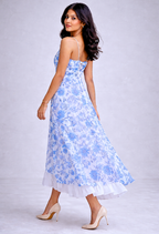 Blue & White Floral A-Line Midi Dress