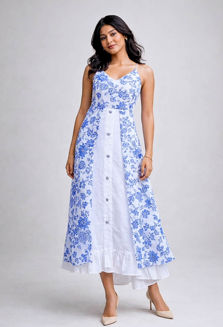 Blue & White Floral A-Line Midi Dress