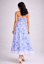Blue & White Floral A-Line Midi Dress