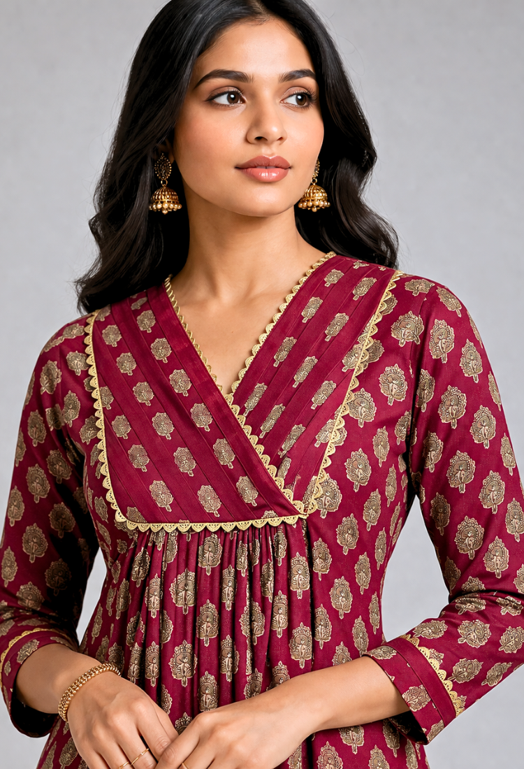 avAraNIya® Wine Printed Flared Kurti for Women
