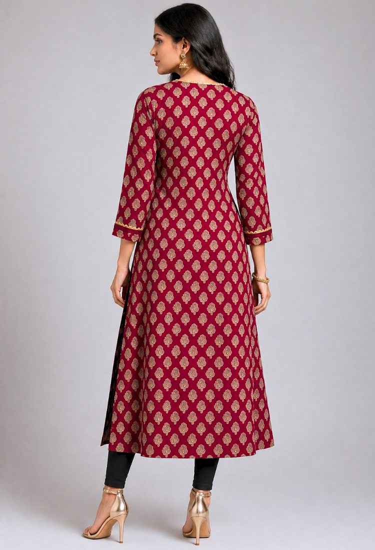 avAraNIya® Wine Printed Flared Kurti for Women