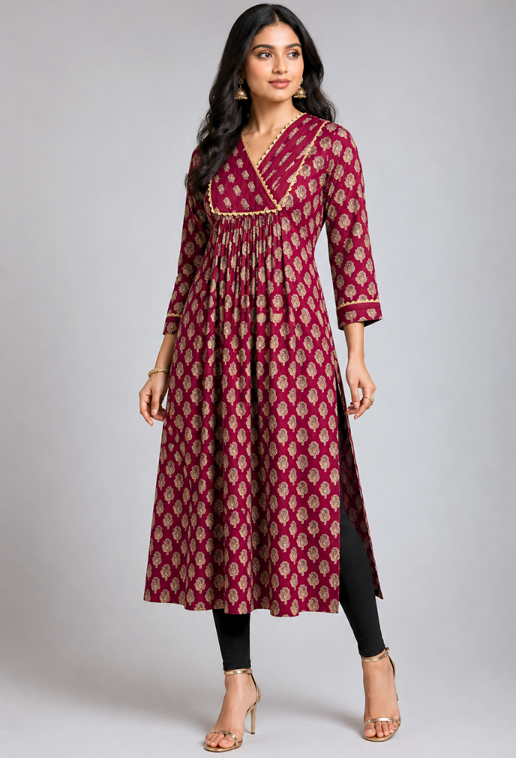 avAraNIya® Wine Printed Flared Kurti for Women